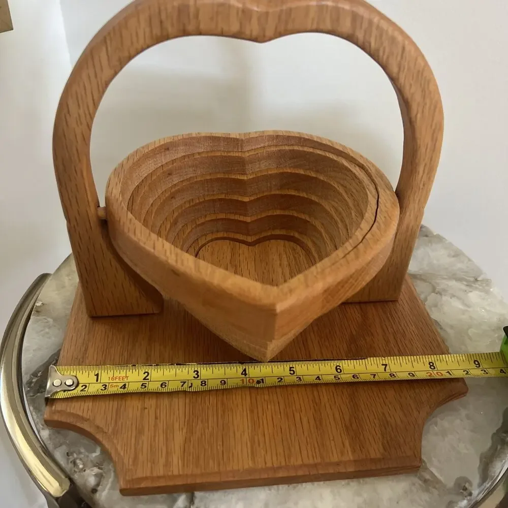 Vtg Amish Collapsible Wooden Heart Basket Four Acre Wood Arthur IL Trivet Bowl